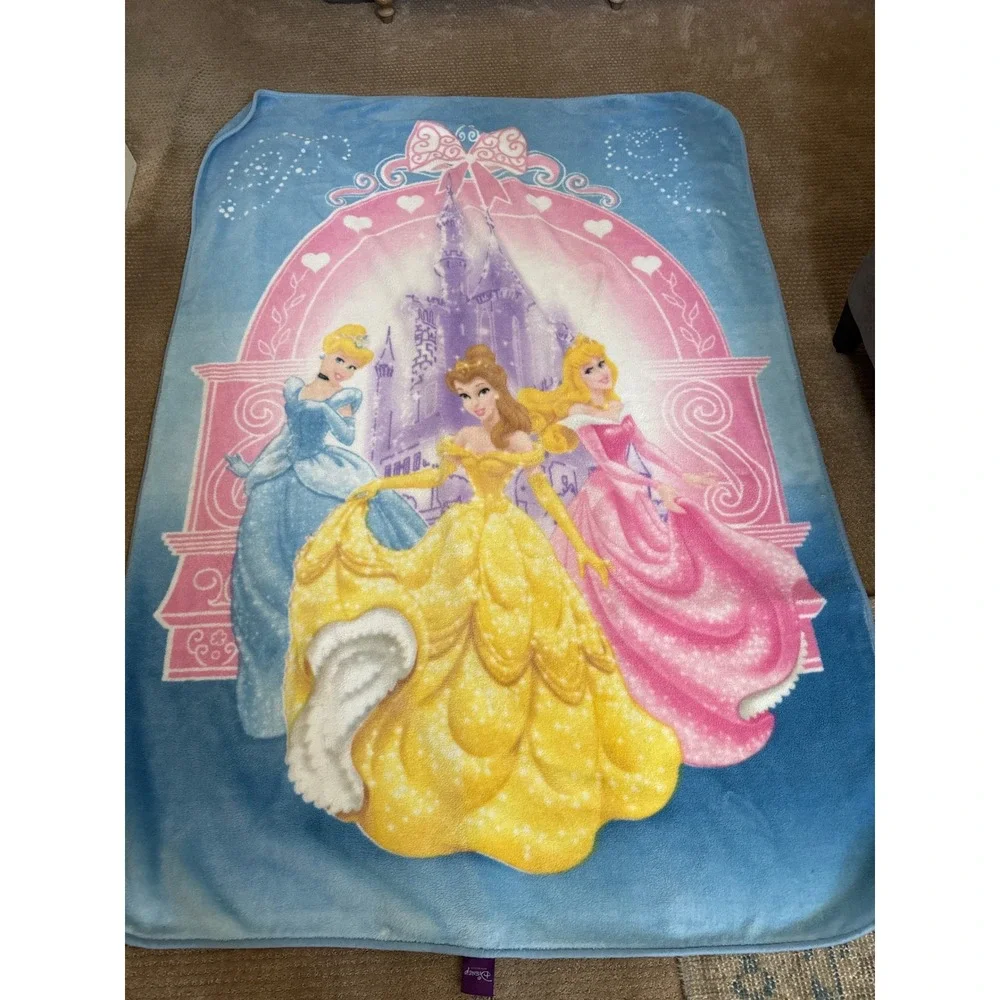 Disney Princess Plush Oversize Throw Blanket Belle Cinderella Aurora 59x78 Blue